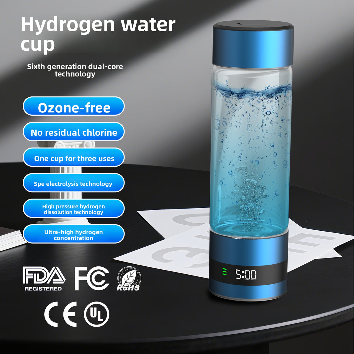 Hydrogen water bottle with USB charging cable and user manual